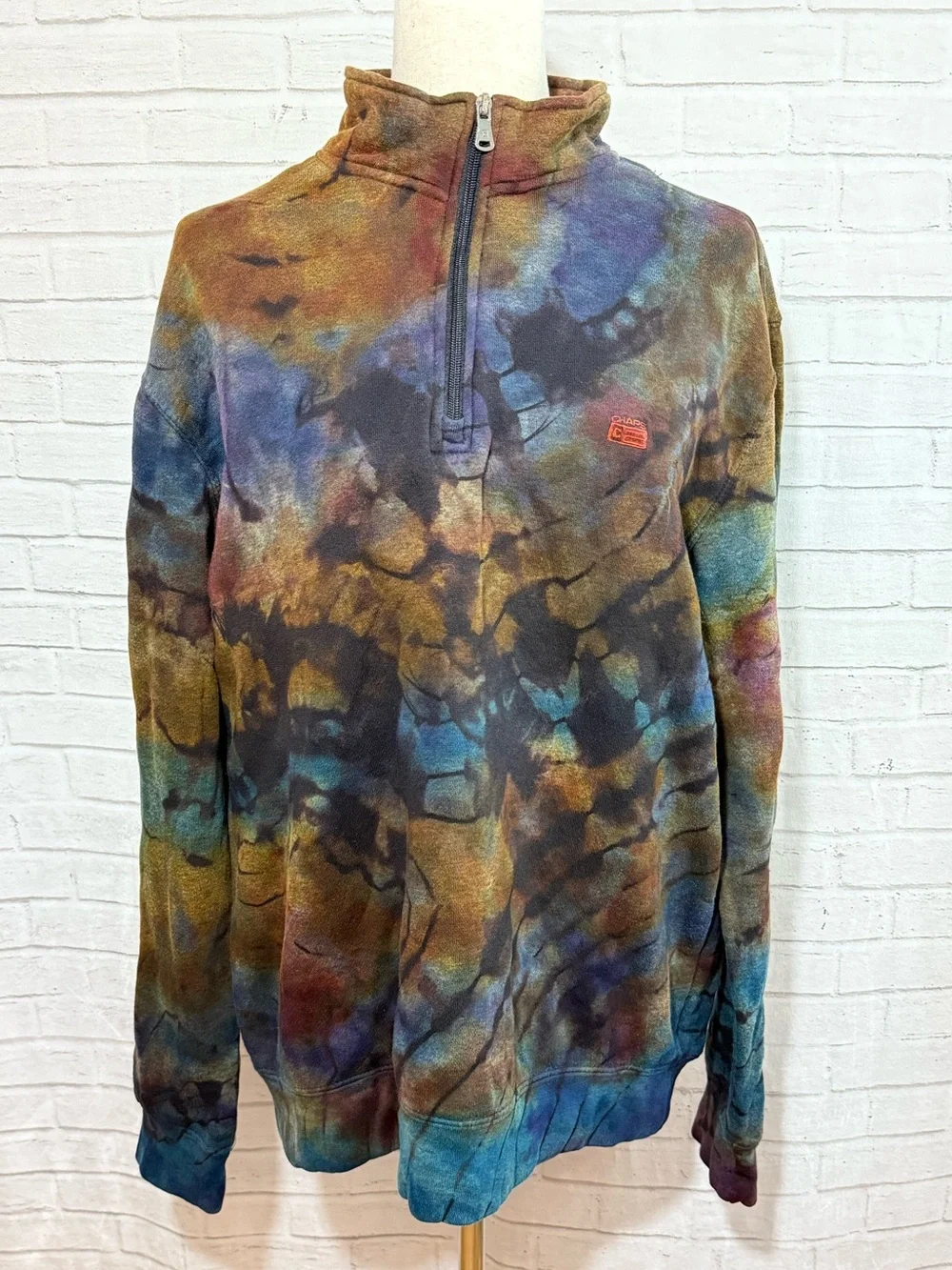 Upcycled Ice Dye Men’s Fleece Pullover, Chaps Brand, Reverse Tie Dye, Large Blue